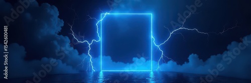 Electric blue portal frame, lightning strikes on black backdrop, energy, light, mystical