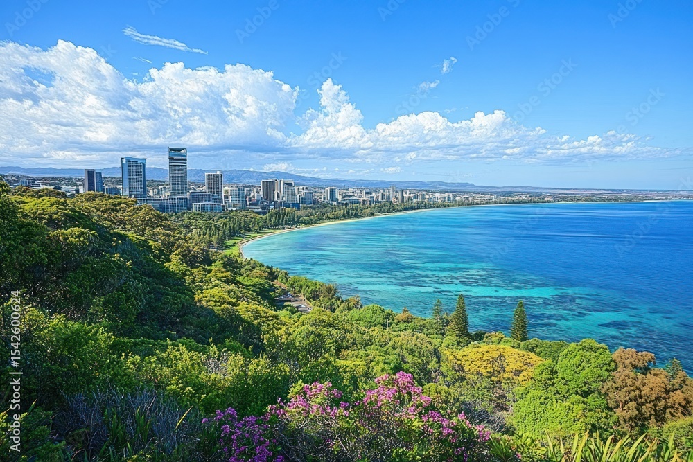 Naklejka premium Coastal city skyline with tall buildings by a vibrant turquoise ocean and lush green forest with blooming purple flowers under a bright blue sky