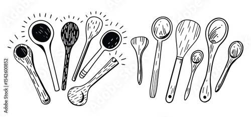Detailed hand drawn illustration of wooden cooking spoons in various styles and sizes on a white background
