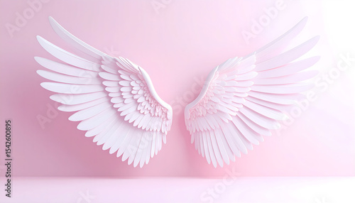 Elegant angel wings on soft pink background for dreams and aspirations concept.