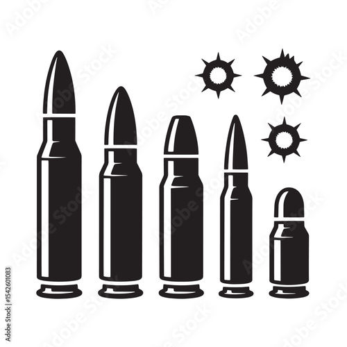 Bullet and Bullet Hole Silhouette Vector | Ammunition Icon Set
