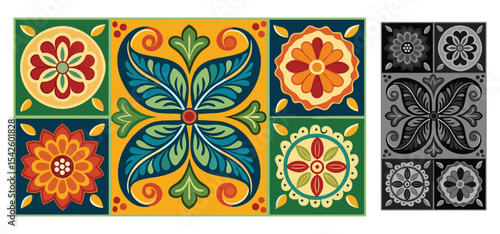 Detailed illustration of a vintage ceramic tile design featuring colorful floral patterns with repeating motifs for artistic purposes.
