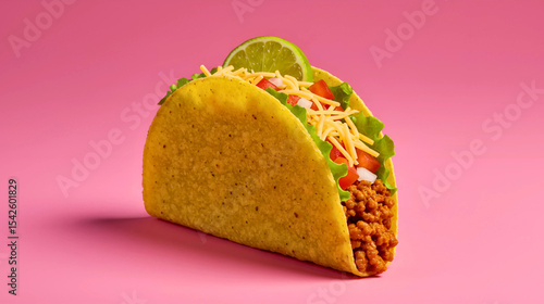A golden-brown crunchy taco shell filled with seasoned ground meat, shredded lettuce, diced tomatoes, and grated cheese, topped with a lime wedge, against a vibrant pink background.