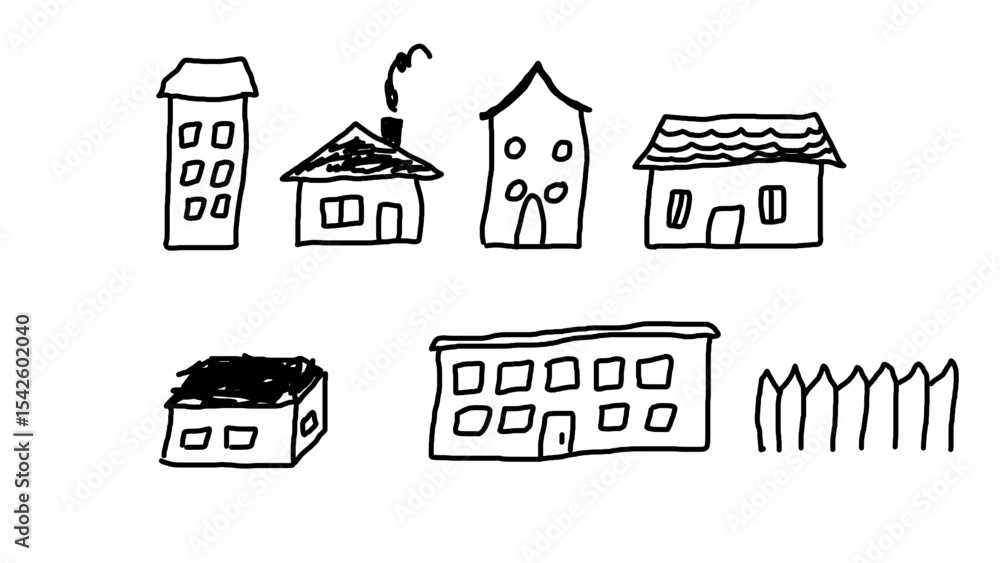 Naklejka premium Doodle houses, naive child drawing