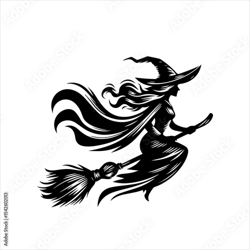 Black and White Witch Riding Broomstick Logo Isolated on White Background

