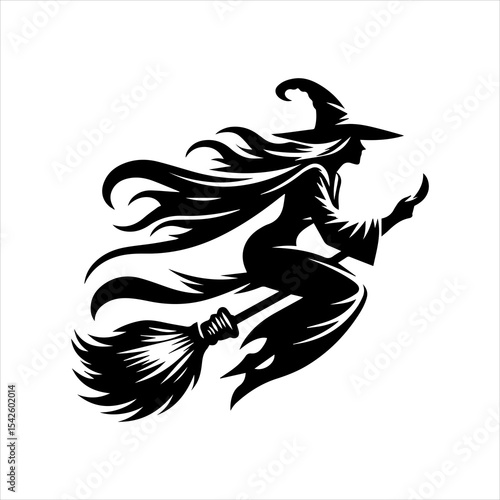Black and White Witch Riding Broomstick Logo Isolated on White Background

