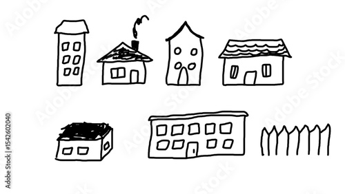Doodle houses,  naive child drawing

