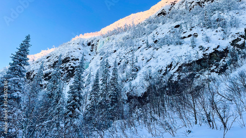  Stunning winter mountain landscape with snow-covered trees and cliffs under clear blue sky. Perfect for nature backgrounds, winter tourism, outdoor adventure, holiday cards, and seasonal promotions.