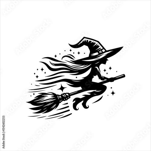 Black and White Witch Riding Broomstick Logo Isolated on White Background

