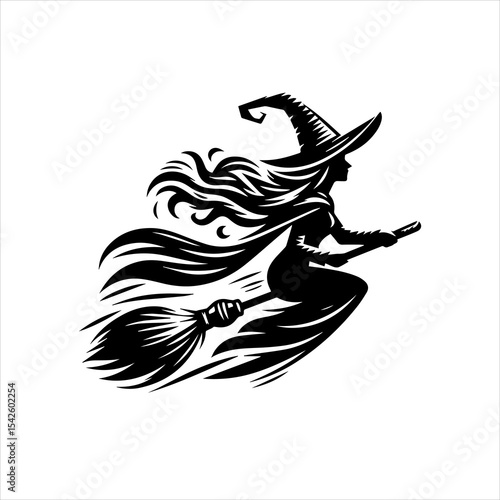 Black and White Witch Riding Broomstick Logo Isolated on White Background

