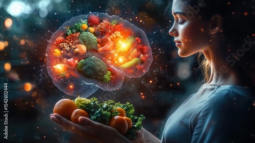 Fototapeta Naklejka Na Ścianę i Meble -  Young woman holding fresh vegetables and fruits with a glowing, digital brain-shaped hologram of fruits and vegetables floating above her hands, symbolizing healthy eating and brain nutrition