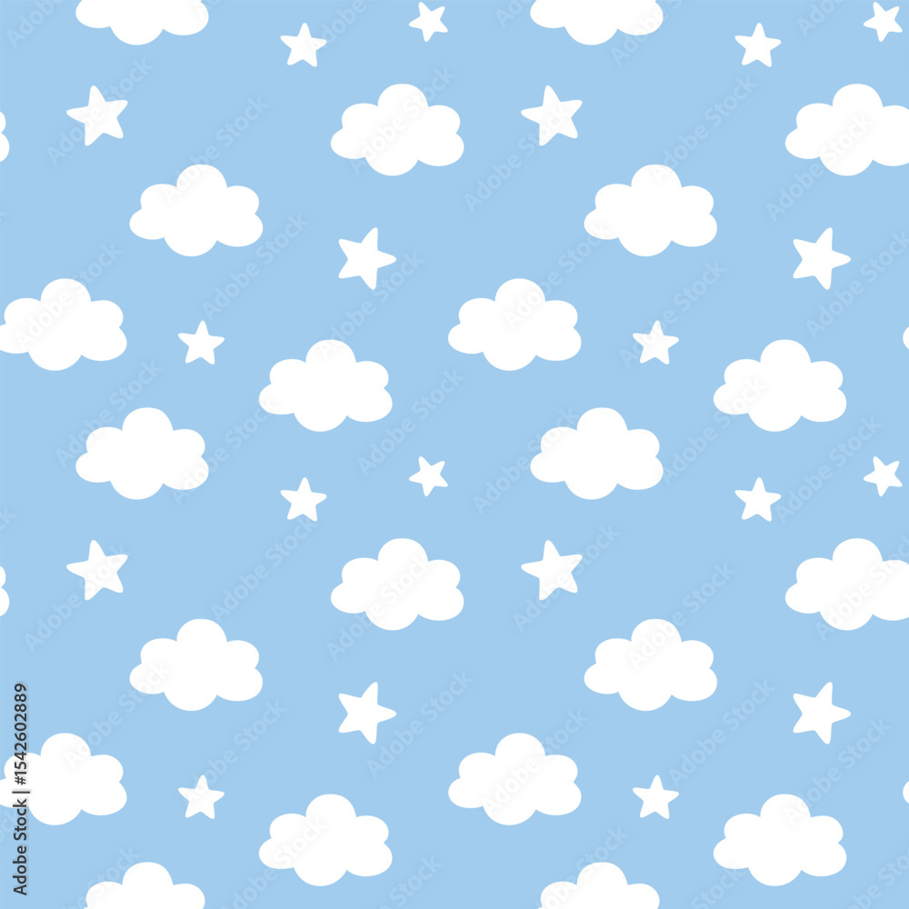Cute White Clouds and Stars Seamless Pattern on Blue Sky Background for Nursery or Baby Design Cute White Clouds and Stars Seamless Pattern on Blue Sky Background for Nursery or Baby Design