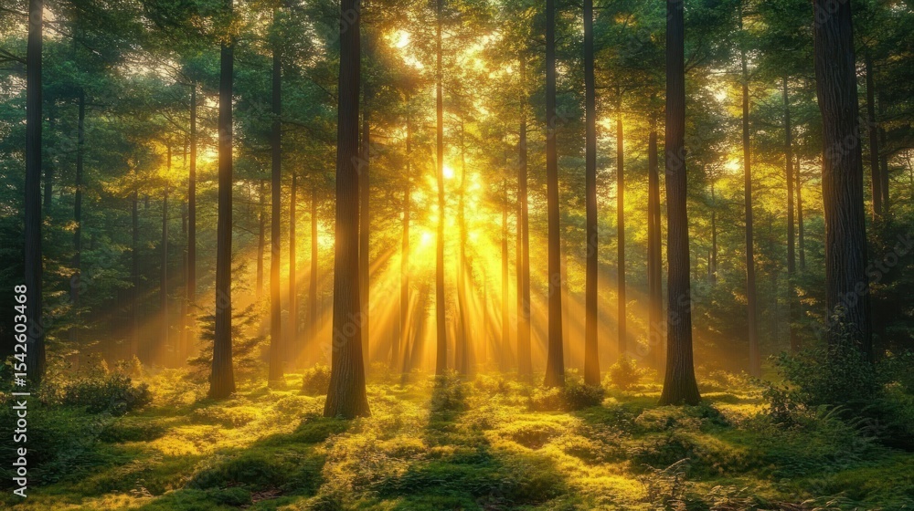 Fototapeta premium Golden sunlight beams piercing through tall trees in a lush green forest during early morning, creating serene and peaceful atmosphere