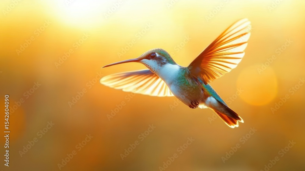 Obraz premium Close-up of a hummingbird in mid-flight with wings spread wide against a warm golden background at sunset