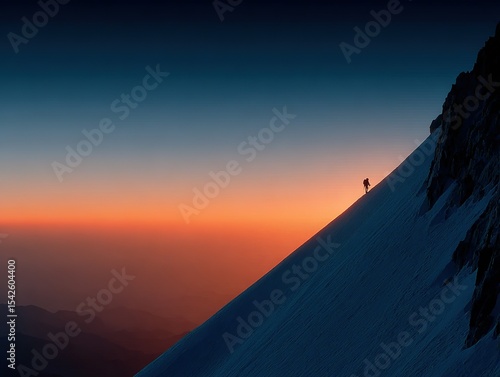 Mountain Climber Silhouette on Steep Sunset Slope with Gradient Sky and Distant Peaks