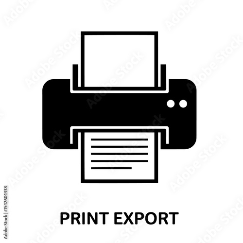 A black printer symbol ejects a document with lines PRINT EXPORT is printed beneath the icon