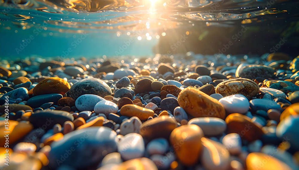 Obraz premium Underwater Sunlight Dazzles Smooth River Rocks in Serene, Abstract Nature Scene