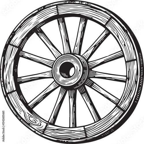 Old wooden wheel design featuring a dark silhouette against a light background silhouette