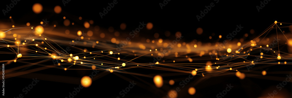 Obraz premium Abstract digital network with glowing orange nodes connected by fine lines on a dark background, representing data flow or technology connections.