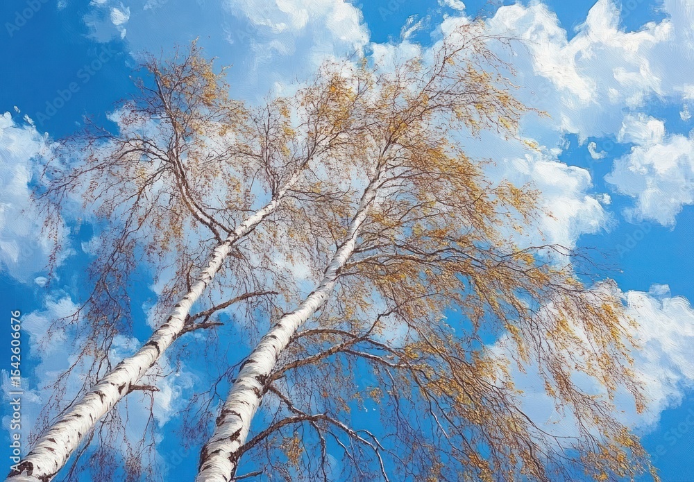 Two tall birch trees with sparse golden leaves against a bright blue sky dotted with fluffy white clouds Two tall birch trees with sparse golden leaves against a bright blue sky dotted with fluffy white clouds