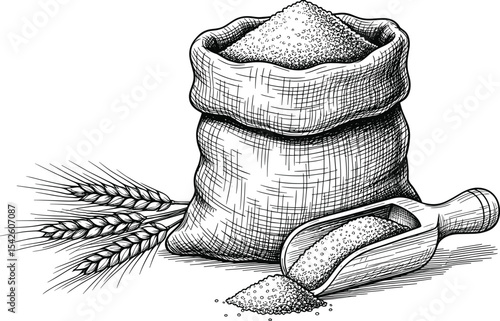 Sack of Flour with Scoop and Spikelets vector illustration. Linear drawing of burlap bag whole of cereal grain. Ingredient for pastry and bakery. Outline monochrome sketch for product label.