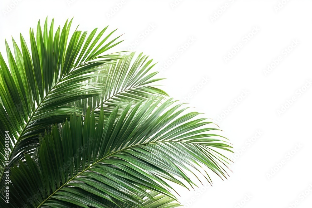 Obraz premium Close-up of lush green palm leaves against a bright white background showcasing natural texture and vibrant color