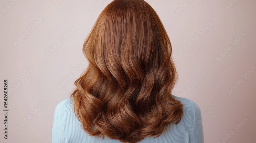 Naklejka premium Back view of person with long, wavy, reddish-brown hair wearing a light blue top against a plain background