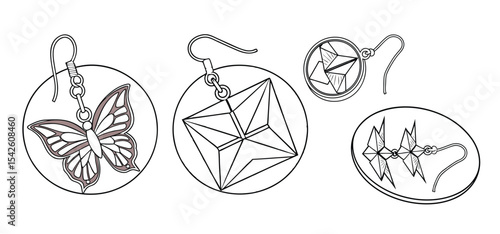 Elegant hand drawn collection of earring designs showcasing beautiful geometric and butterfly inspired shapes in monochrome style.