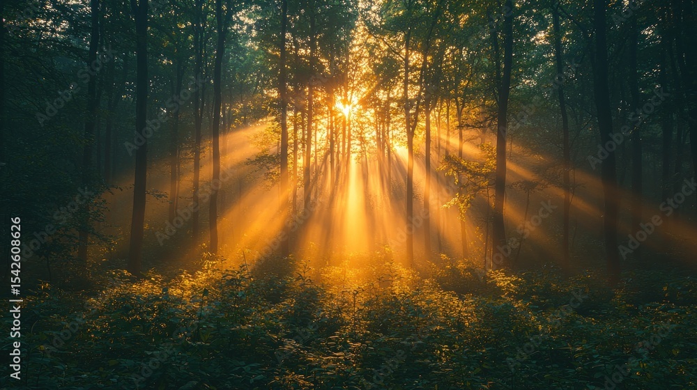 Obraz premium Golden sunlight streams through misty forest. Sunlight beams pierce dense foliage, illuminating a misty woodland. Warm golden light illuminates the trees