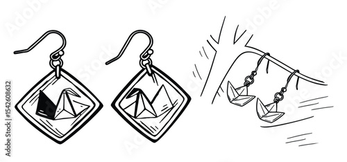 Elegant hand-drawn illustration features beautiful origami earrings with crane and a boat shapes perfect for design.