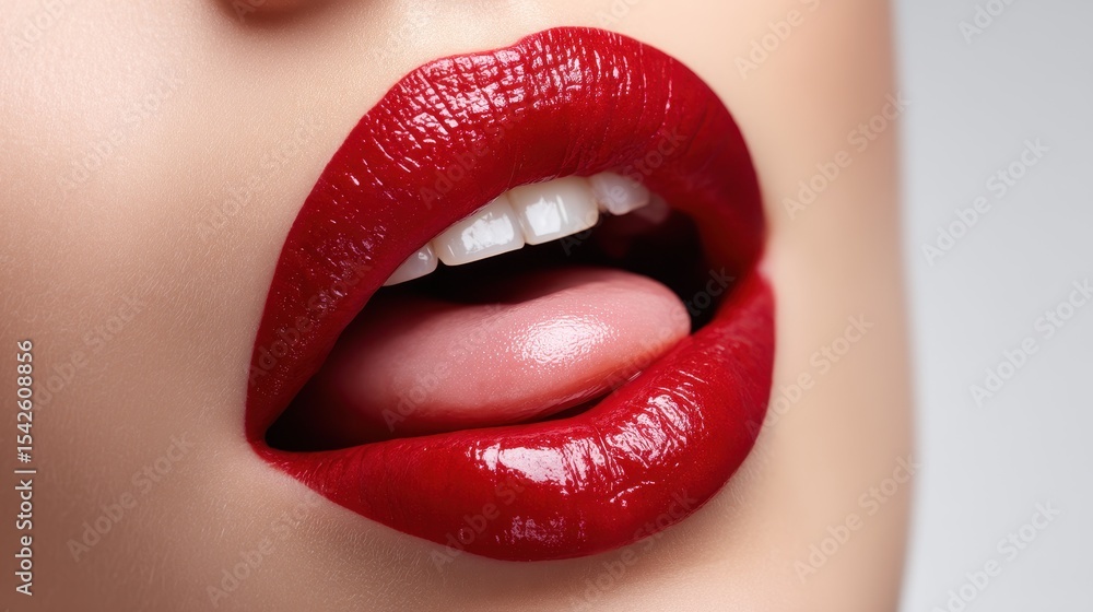 Obraz premium Clean and crisp close-up of red lips, tongue angled to the left, gloss and texture emphasized, all placed over a plain white backdrop