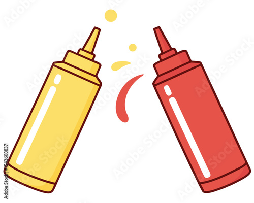 Cartoon illustration of mustard and ketchup bottles for fast food and condiments concepts. Ketchup, Mustard, Condiment, Sauce, Bottle, Fast Food.