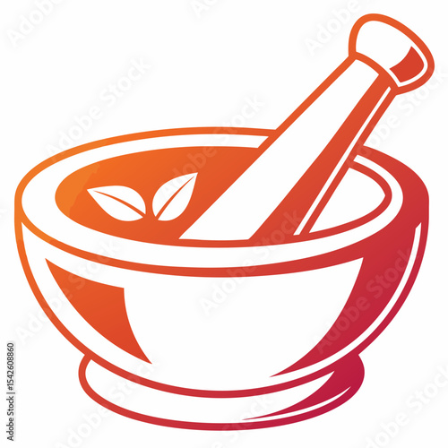 Mortar and pestle with herbs in a vibrant red-orange gradient  