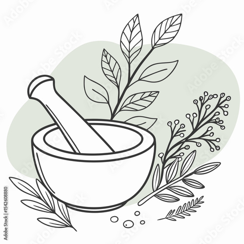 Mortar and pestle with herbs and leaves in sketch style design  