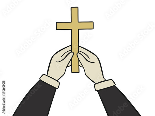 Illustration of hands holding a golden cross symbolizing faith and religious beliefs. Cross, Religion, Christian, Christianity, Faith, Religious.