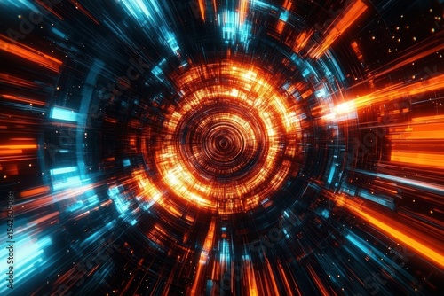 Dynamic futuristic circular interface with glowing orange and blue light streaks radiating outward, creating a sense of motion and energy