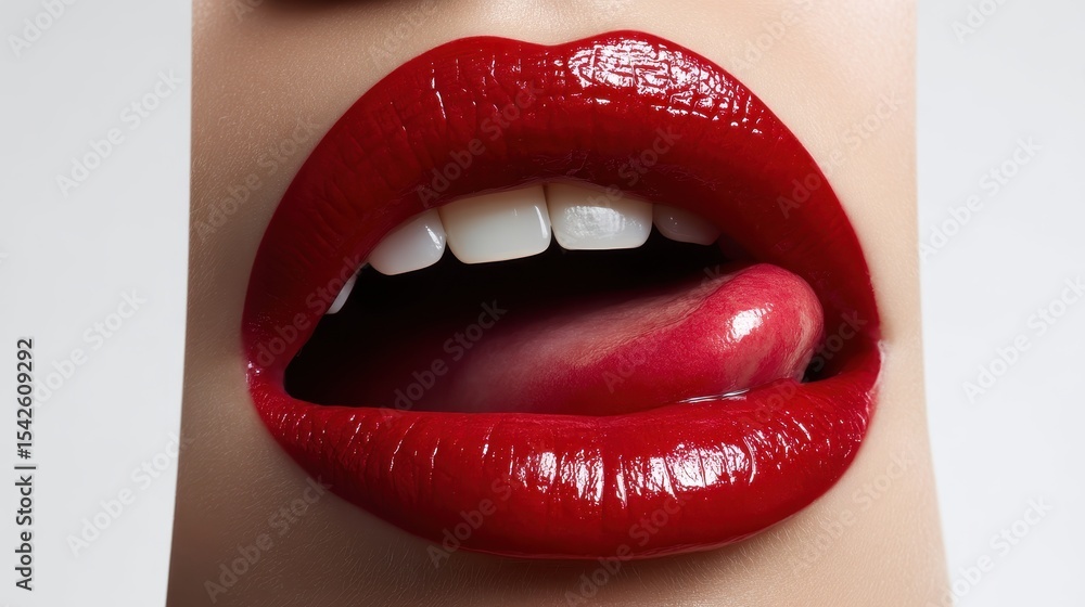 Obraz premium Lifelike photo of expressive red lips, tongue sticking left, subtle lighting and sharp texture, against a flawless white background