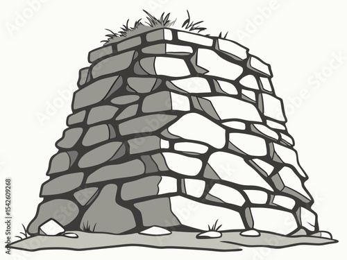 Cartoon illustration of a stacked stone structure with grassy top on light background.