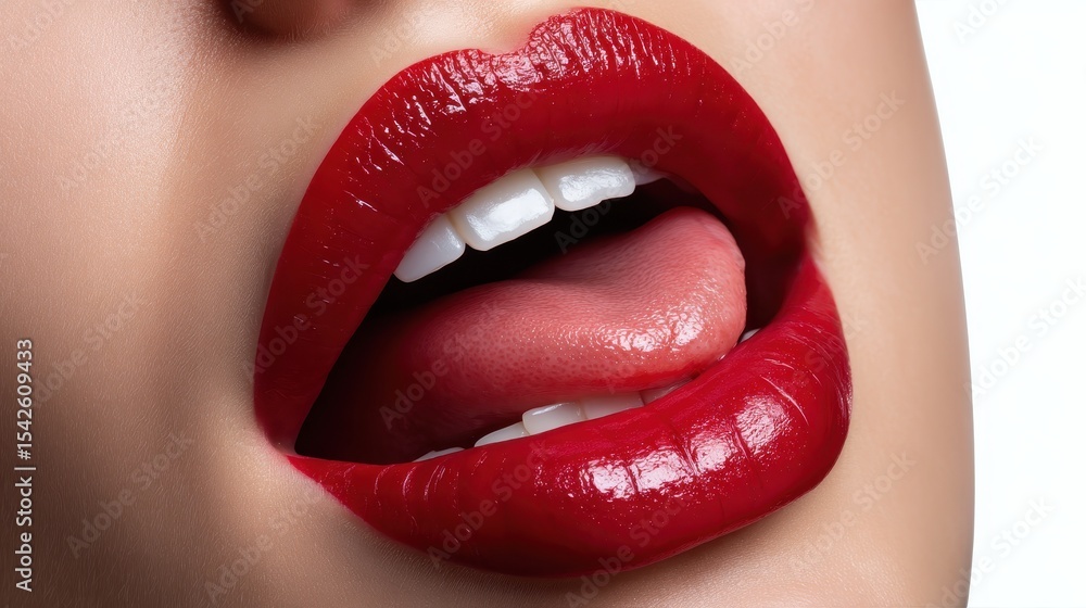 Fototapeta premium Studio-style close-up of luscious red lips, tongue playfully showing to the left, photorealistic detailing on a white seamless background