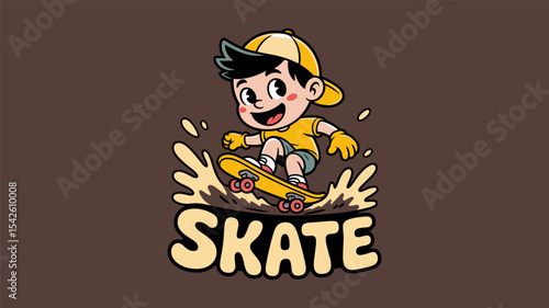 Cute Cartoon Boy Skateboarding with Splash Effect