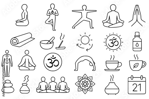Yoga and Meditation Line Icons Set. Yoga, meditation, pose, asana, yogi, relaxation, mindfulness, wellness, health, spiritual, harmony, balance, body, mind, soul, lotus, prayer, incense, essential oil