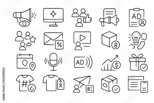 Brand Promotion and Marketing Line Icons Set. Brand, promotion, marketing, advertising, campaign, megaphone, loudspeaker, announcement, product, launch, idea, lightbulb, target, audience, growth, char