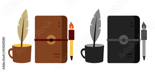 Flat design illustrations depicting a journal with pen and candle showcasing creativity and writer's inspiration.