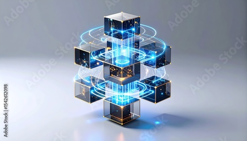 Isometric view of modular quantum sculpture: floating hexagonal modules with glass-like surfaces connected by pulsating light tunnels in electric blue and molten gold.
