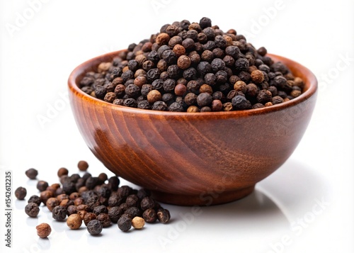 Organic Black Peppercorns in Wooden Bowl Aromatic Spice