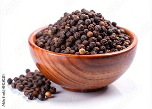 Organic Black Peppercorns in Wooden Bowl Aromatic Spice