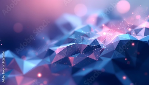 Digital innovation background with abstract polygons, light trails, and a vibrant gradient from pink to blue.
