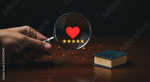 Magnifying glass focusing on a heart and star rating, possibly representing customer satisfaction or product review