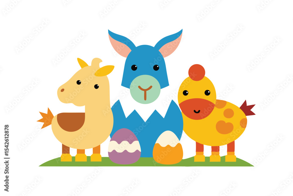 Naklejka premium Farm Animals Celebrating Easter Together on a White Background Illustration