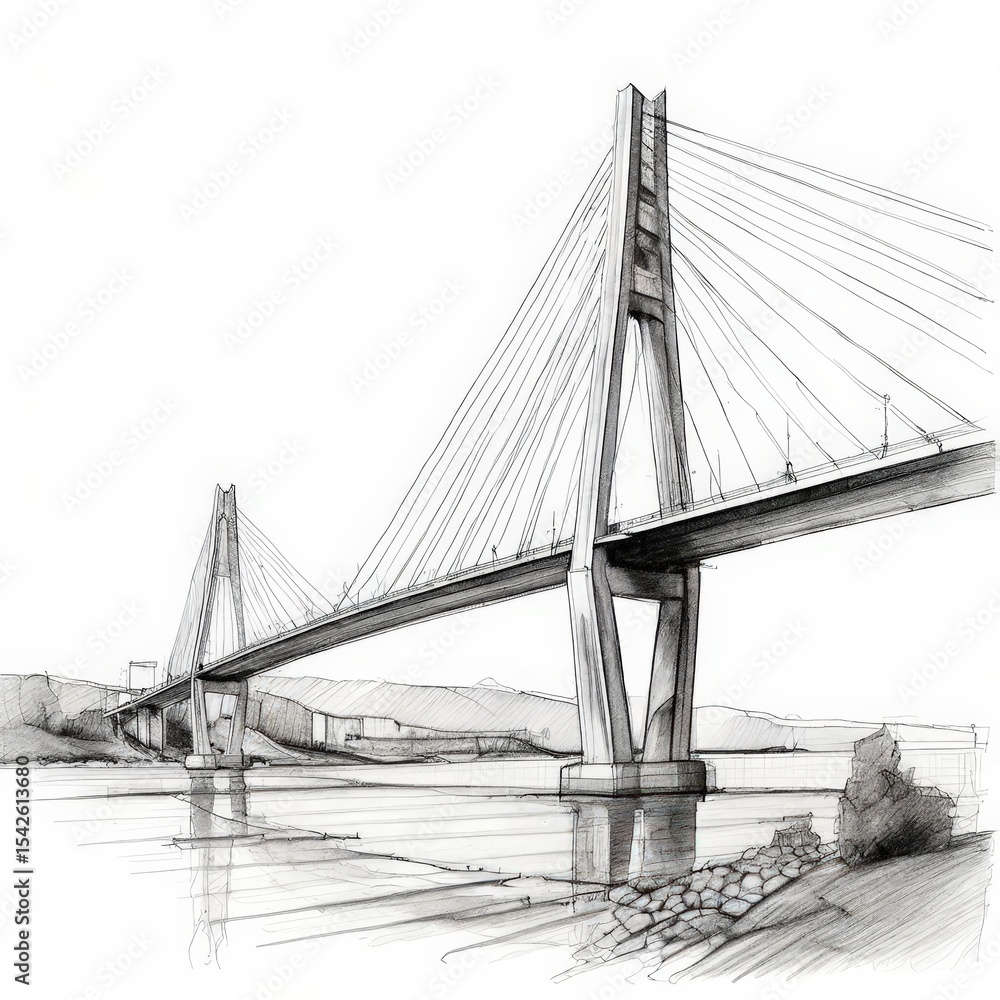 Fototapeta premium an AI Image Generator, Architectural Sketch of a Modern Cable-Stayed Bridge